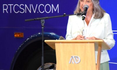 Dina Titus at Alexander Dennis double-decker bus facility grand opening in Las Vegas.