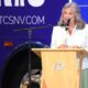 Dina Titus at Alexander Dennis double-decker bus facility grand opening in Las Vegas.