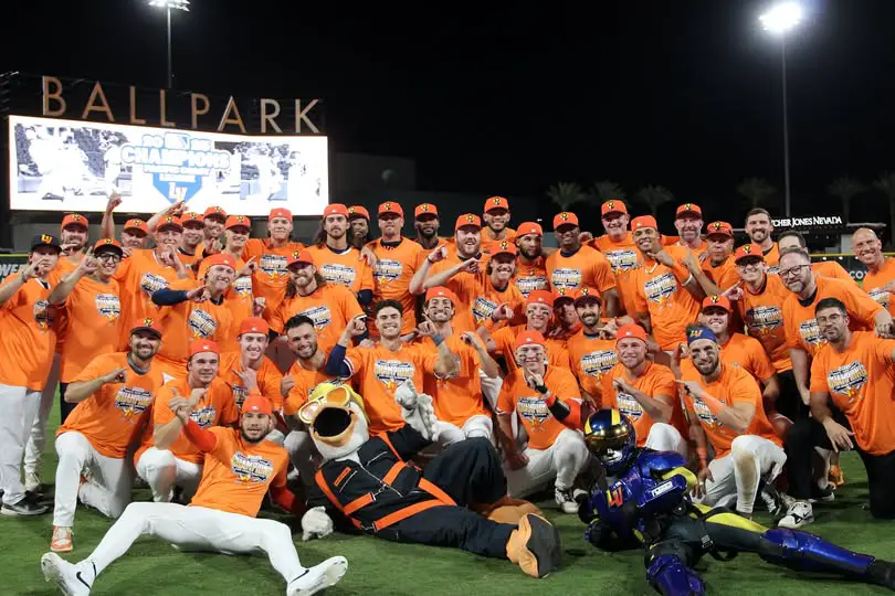 The Las Vegas Aviators celebrate after winning the Pacific Coast League Championship in 2025 at Las Vegas Ballpark. The victory advances them to the Triple-A National Championship. Las Vegas Aviators PCL Championship 2025