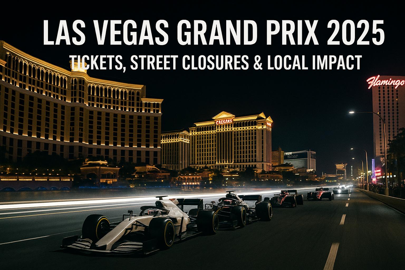 Formula 1 cars race along the Las Vegas Strip at night during the 2025 Las Vegas Grand Prix. Headline article: Las Vegas Grand Prix 2025 — Tickets, Street Closures & Local Impact. Las Vegas Grand Prix 2025: Everything You Need to Know About Tickets, Closures & Local Impact