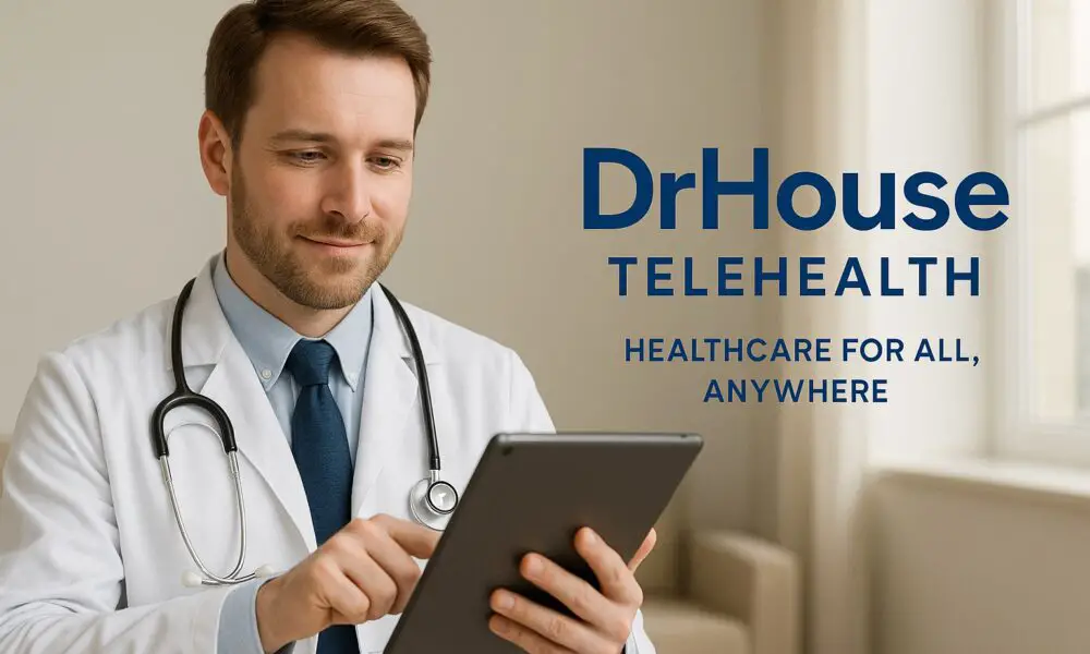 American doctor using tablet; DrHouse Telehealth ? affordable 24/7 online healthcare across all 50 states. Keywords: DrHouse telehealth, online doctor, virtual urgent care, affordable healthcare, no insurance needed, 24/7 healthcare app, Las Vegas news
